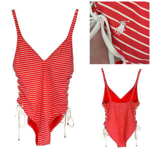Polo Ralph Lauren Coral Stripe Nautical Lace Side One Piece Swimsuit Sz L
